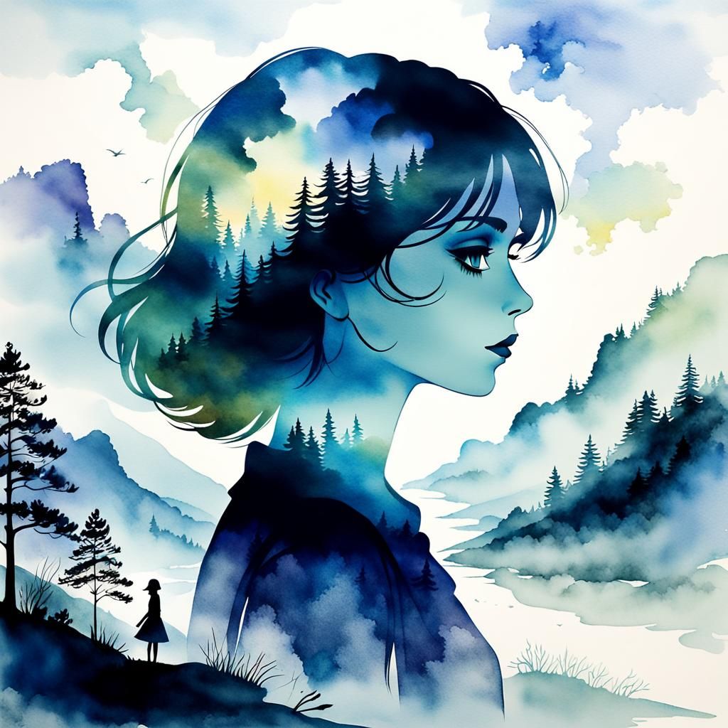 femme aquarelle avec paysage
