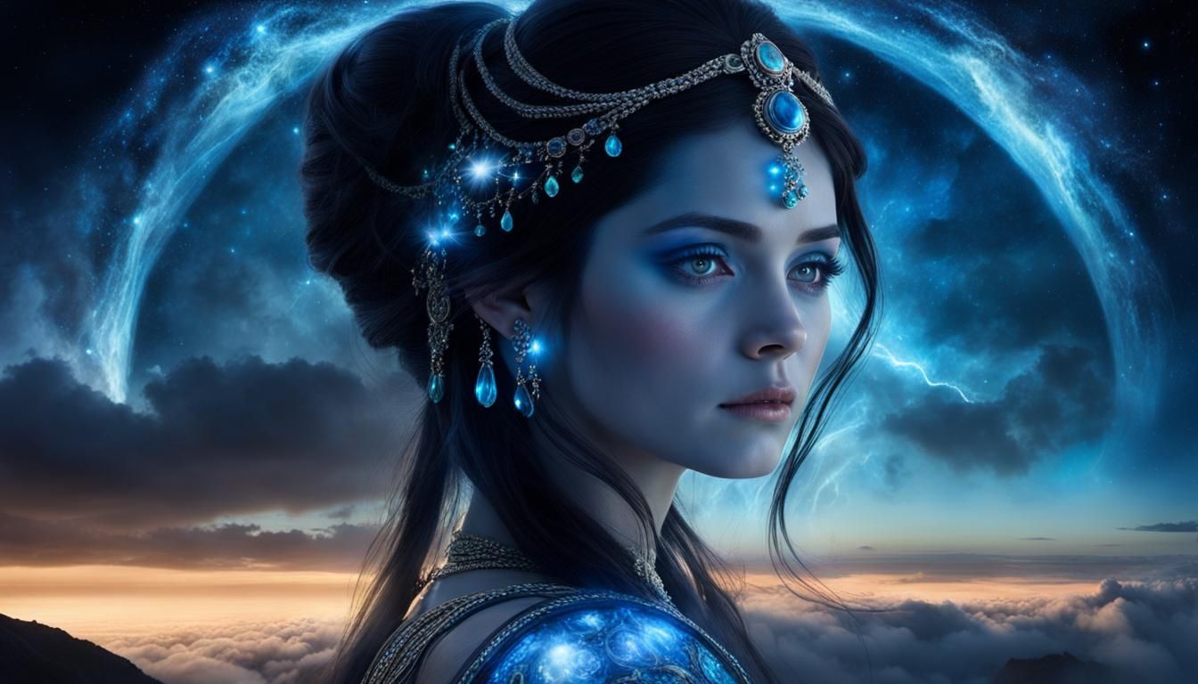 Ethereal Woman in Noctilucent Clouds, Dark Fantasy Oil Paint...