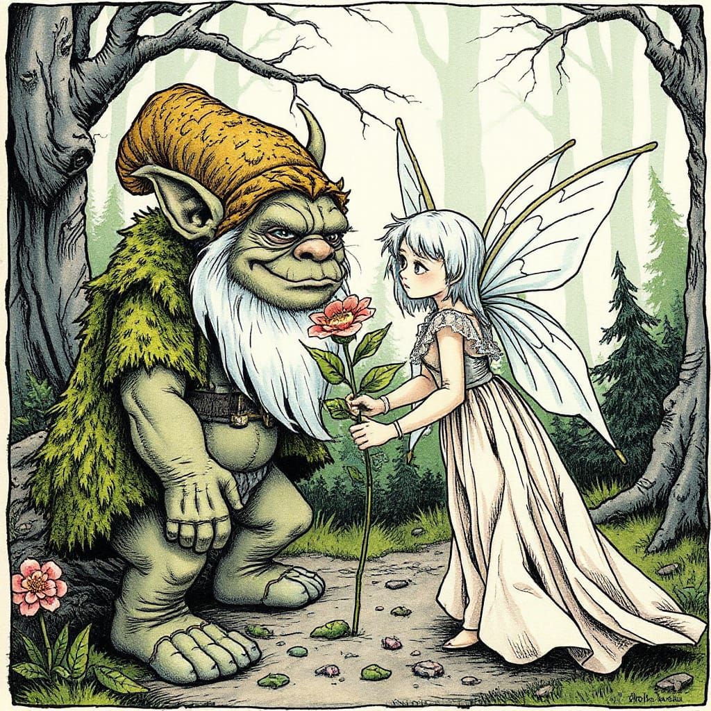 Troll and Fairy in Whimsical Forest