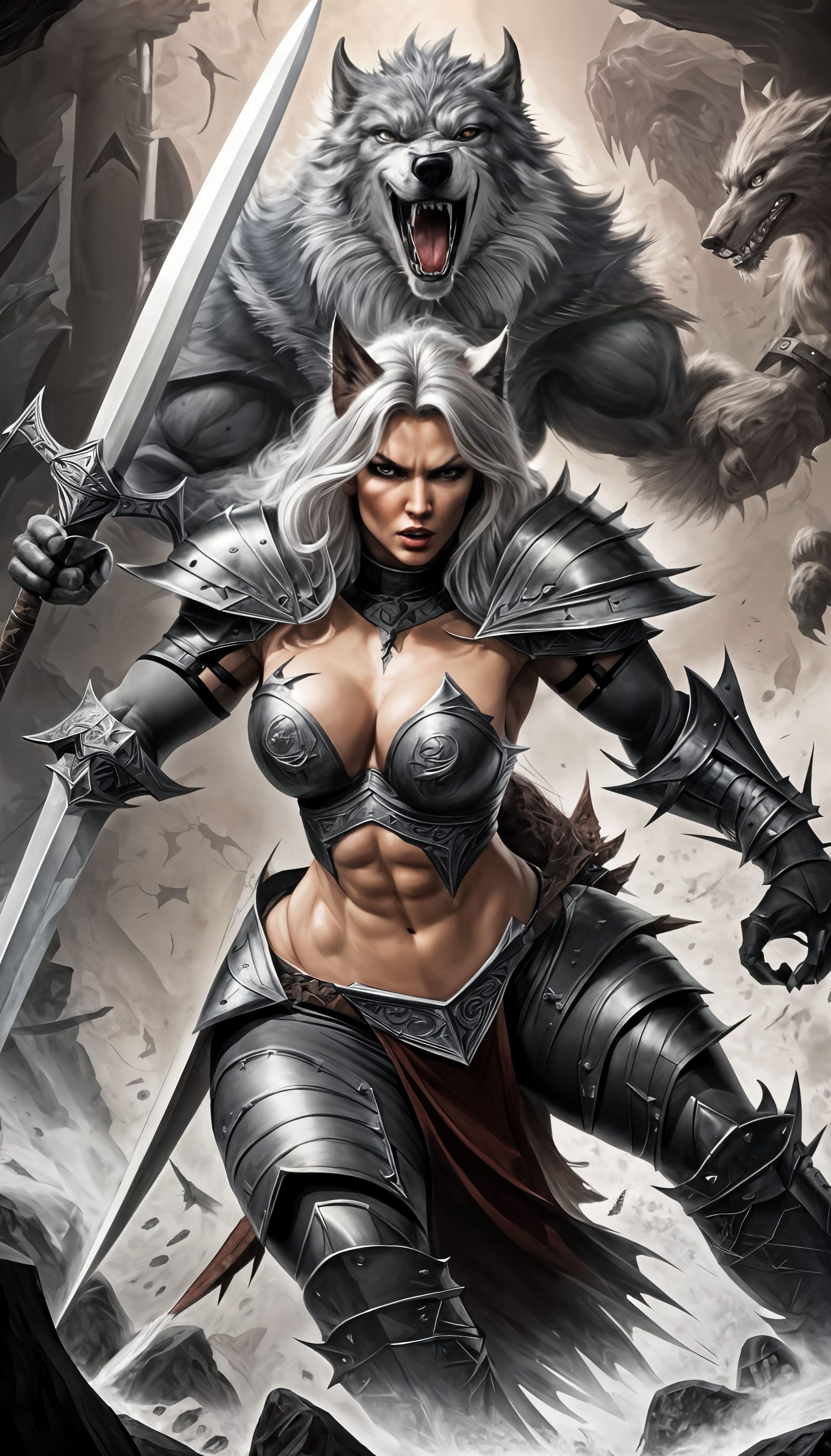 Knight Fights Titan Wolf With Sword Arm, Detailed Charcoal S...