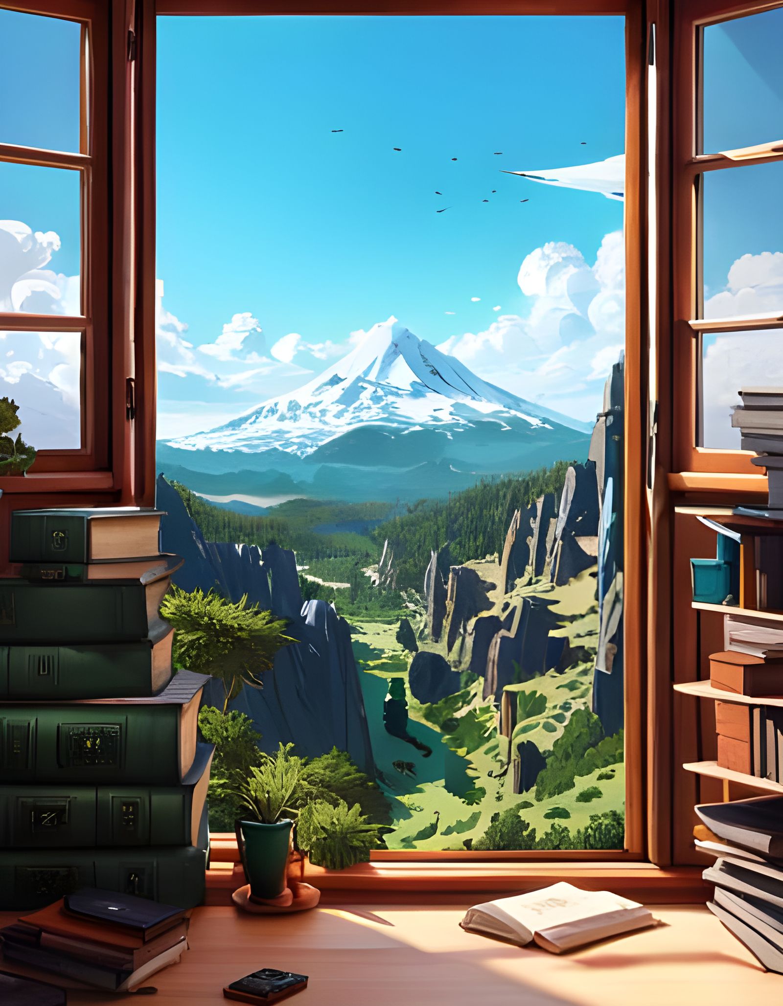 Mountain Landscape View Through Office Window