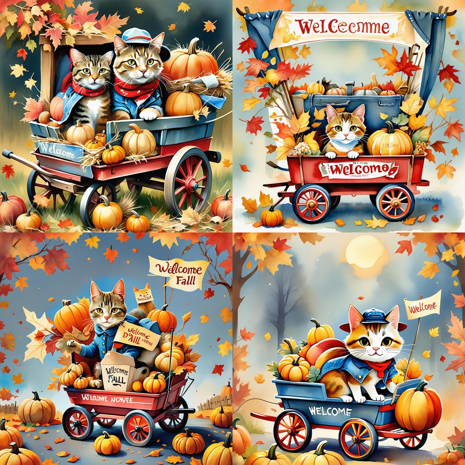 Cute Cat in Autumn Wagon, 3D Digital Art