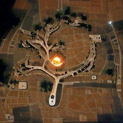 Torch-lit Plaza with Olive Tree and Villas