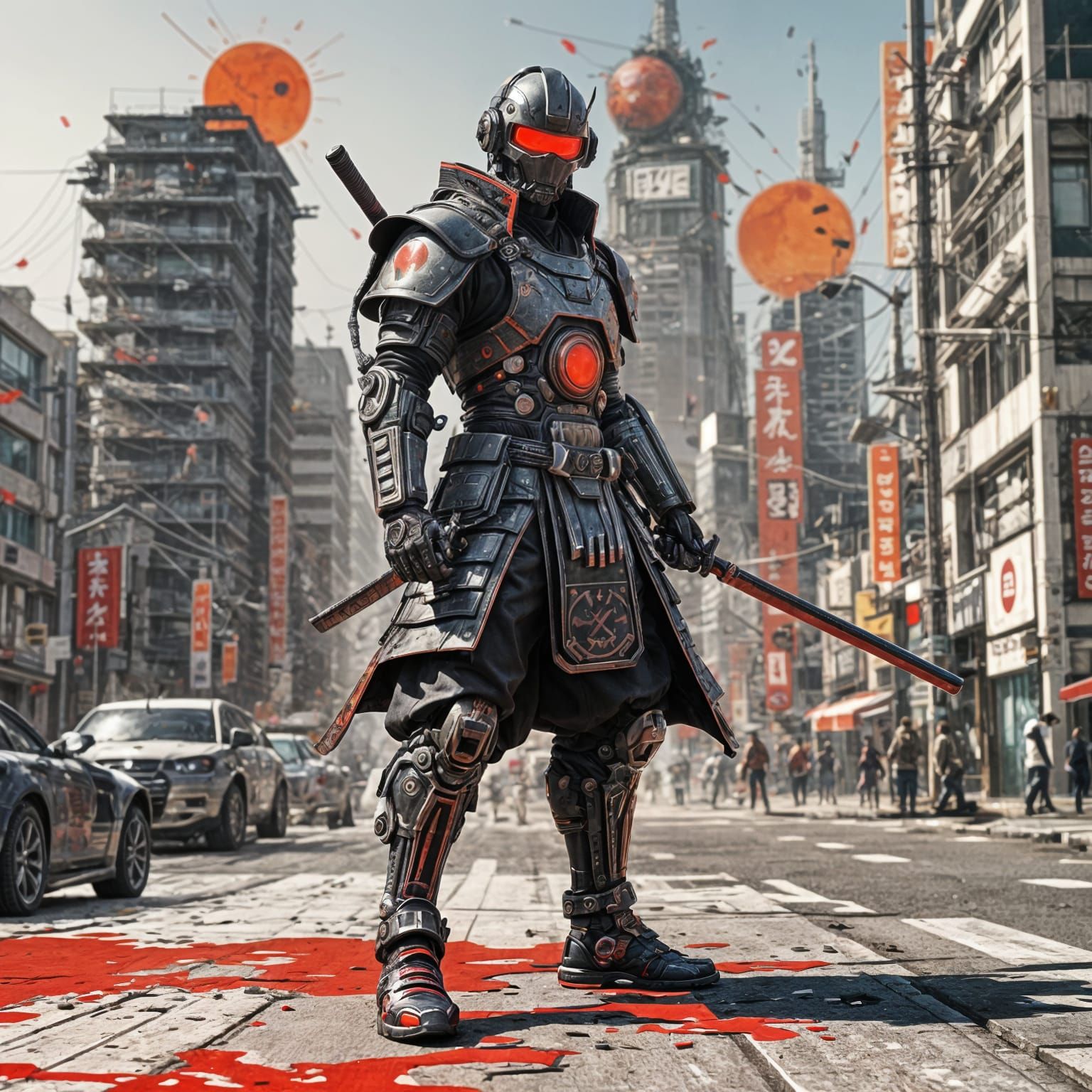 Cyberpunk Samurai Warrior in Cityscape