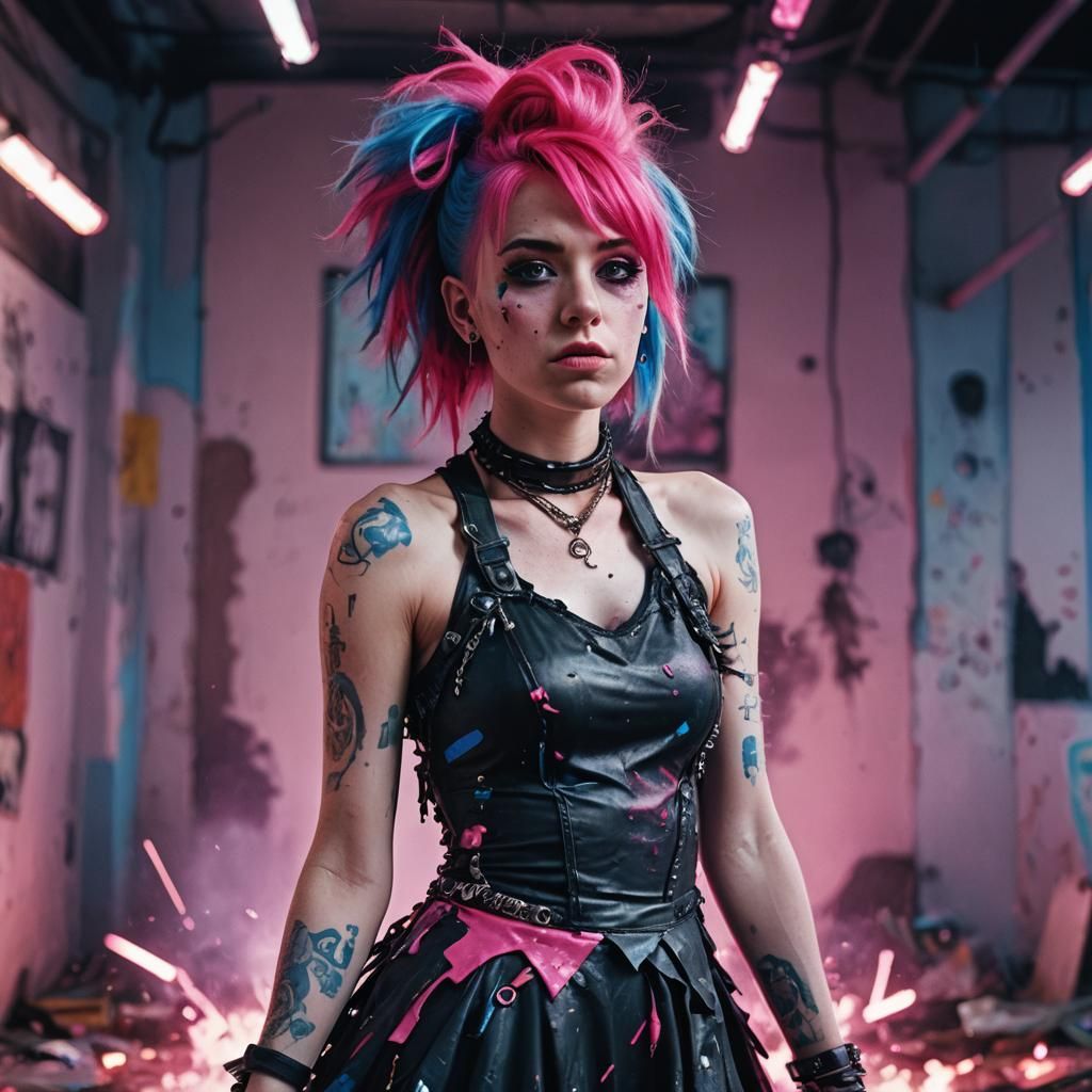 Punk Woman with Piercings in Neon Lighting