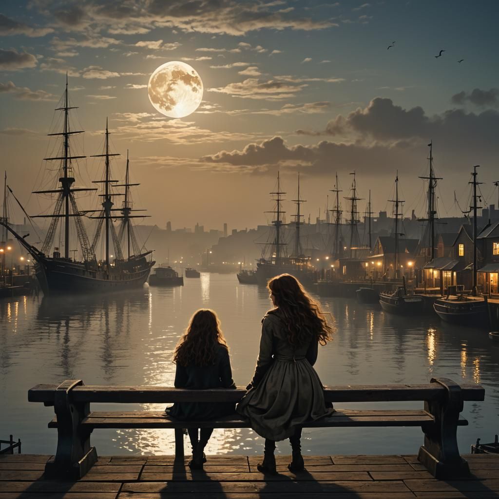 Victorian Girl in Misty Harbour, Atmospheric Nightscape