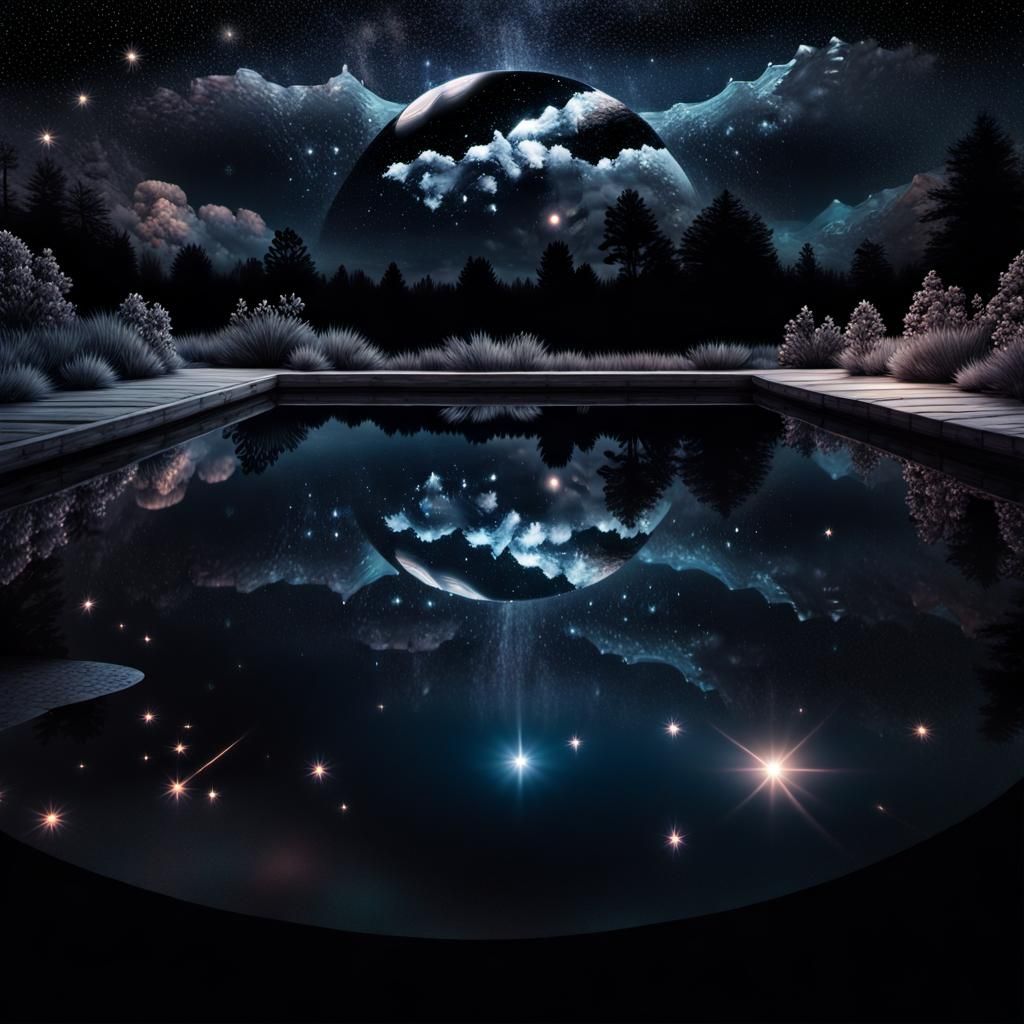 Reflective Black Pool: Surreal Night Sky Illustration