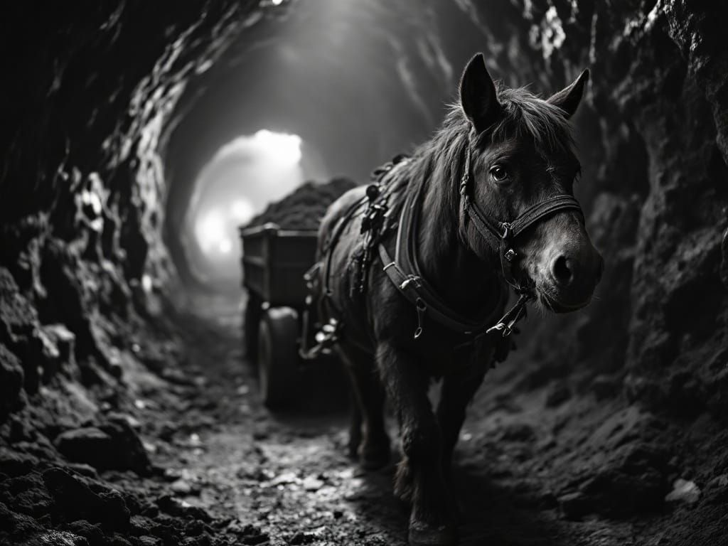 Coal Miner Pit Pony in Dimly Lit Mine