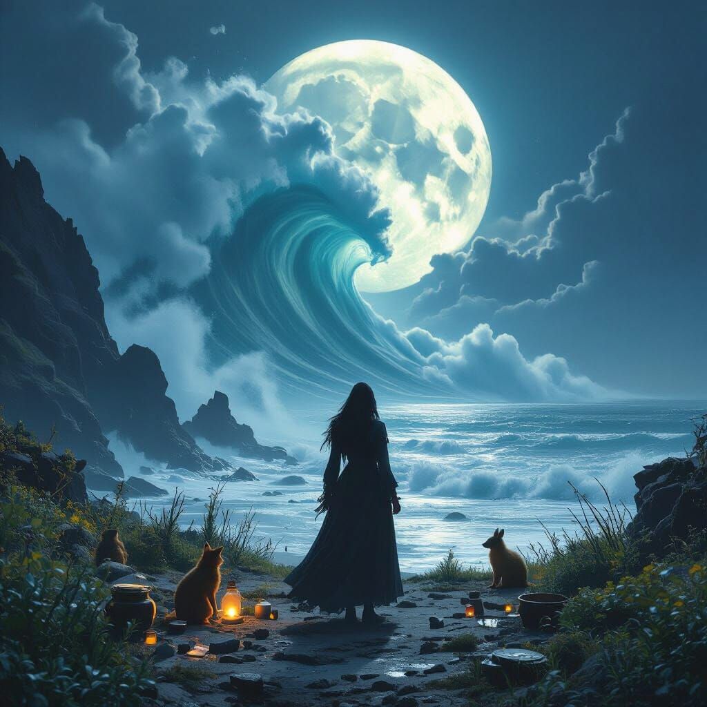 Witch on Moonlit Coast Amidst Crashing Wave