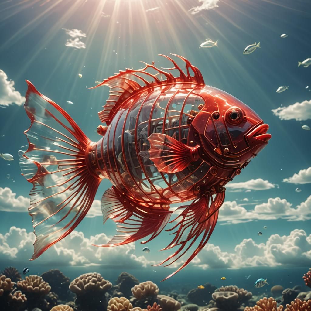 Red Mechanical Fish in Ocean with Sunshine