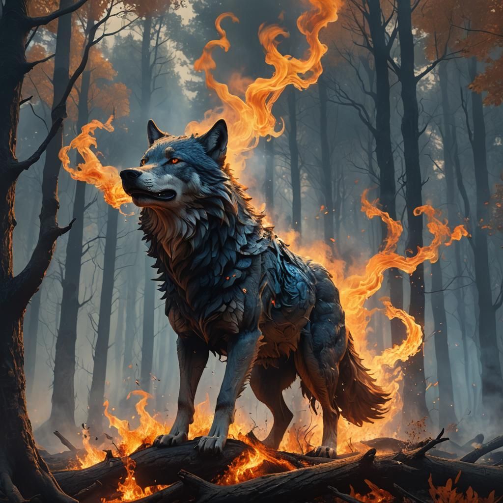 Smoky Wolf Rising Above Burning Forest: Fantasy Art