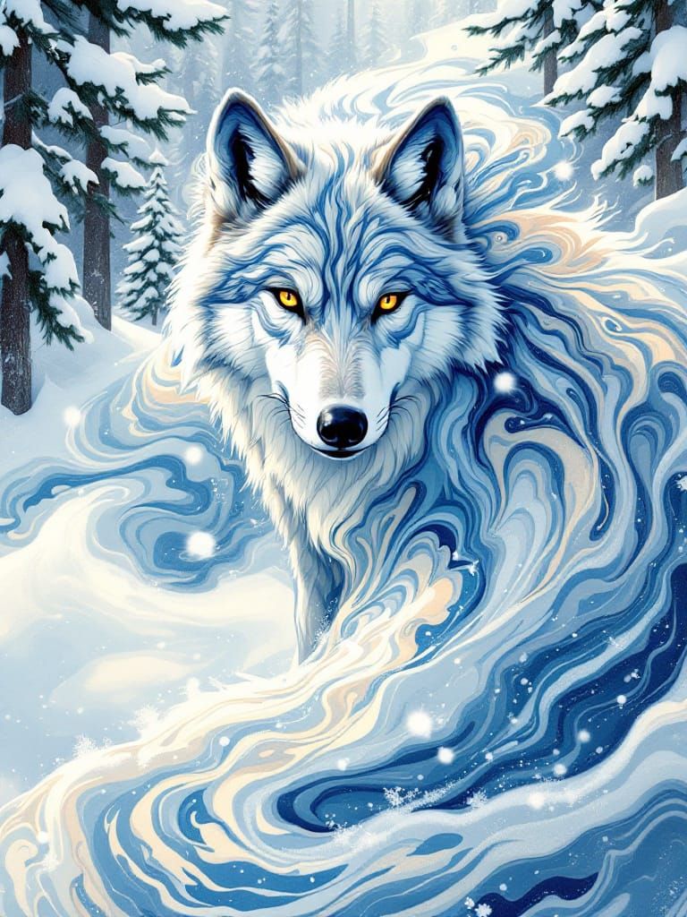 Spirit Wolf Emerges from Winter Swirls