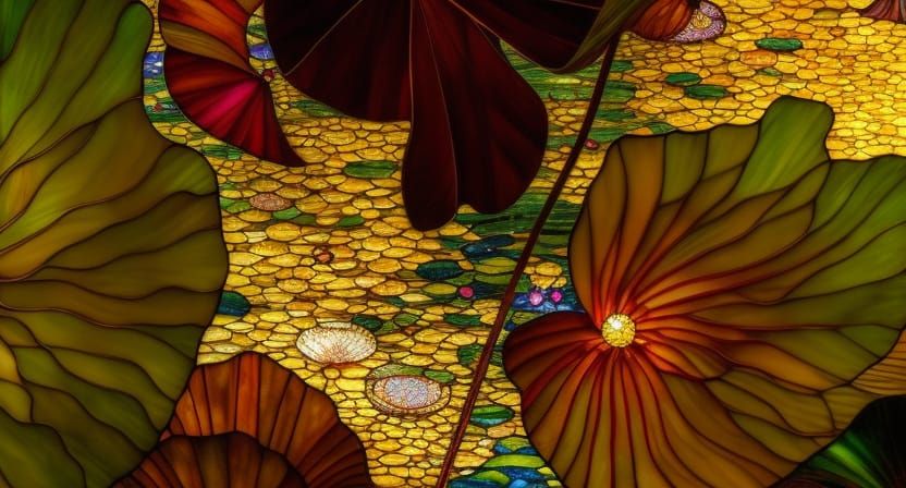 Stained Glass Lotus Lake Landscape in Digital Art
