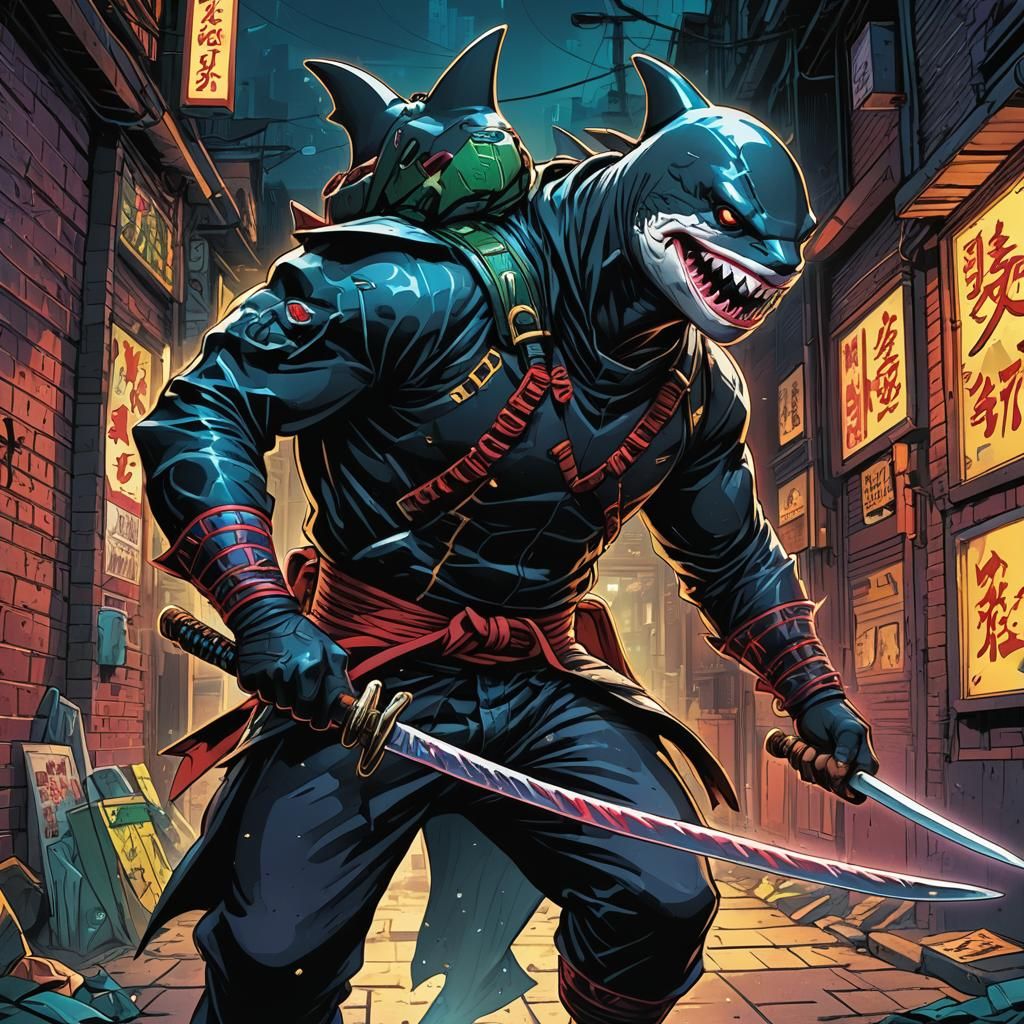 Ninja Shark with Katana in Comic Book Style