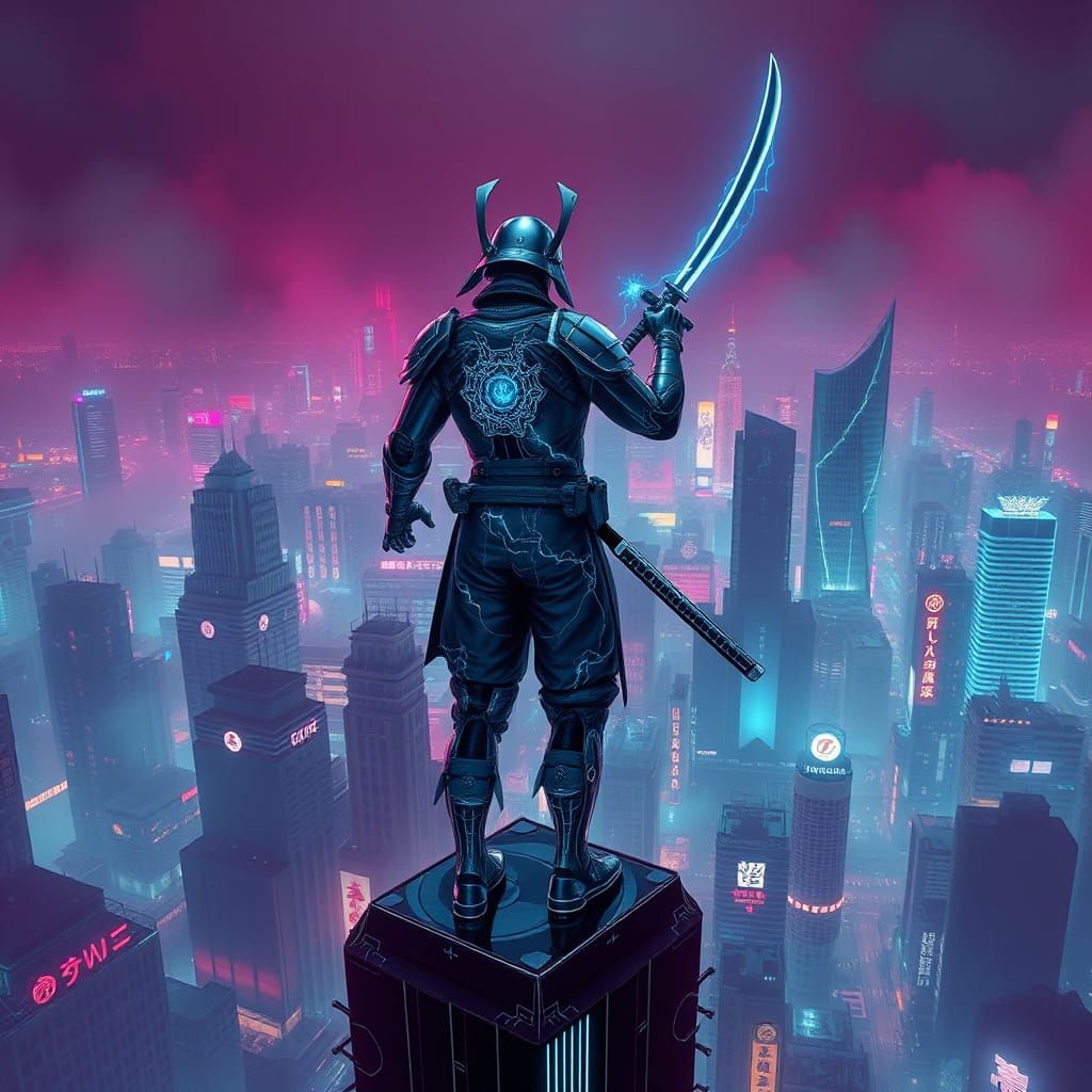 Cyberpunk Samurai in Neon Metropolis
