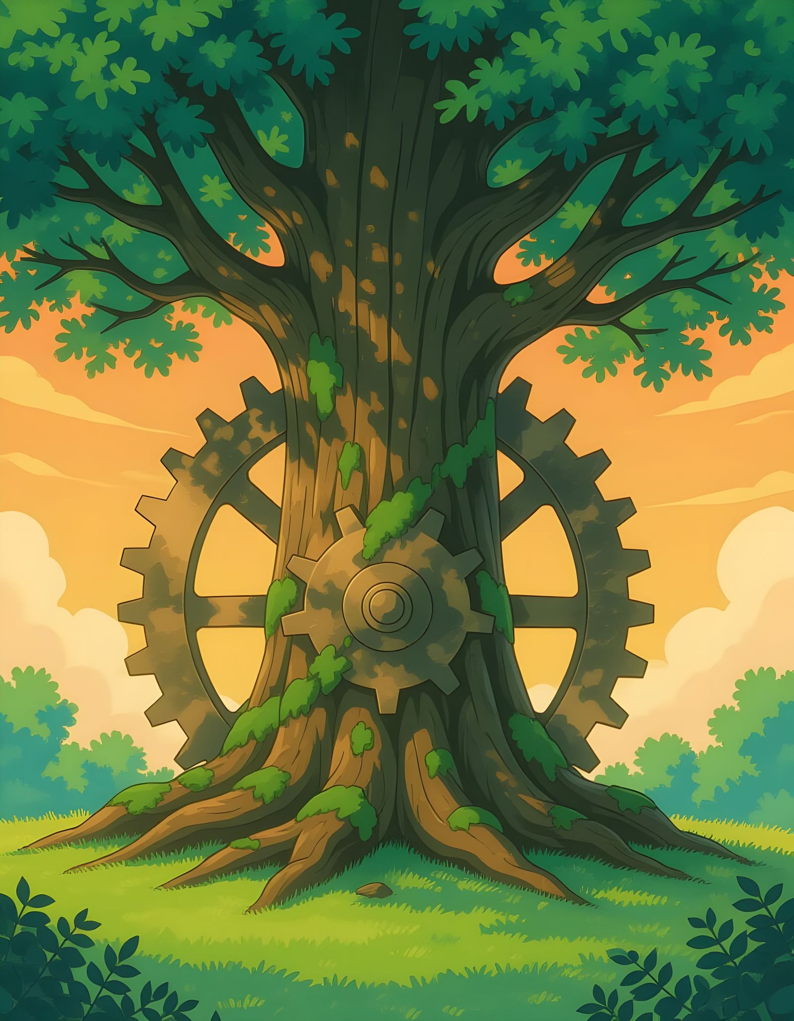 Vintage Anime Oak Tree Roots Around Giant Gear