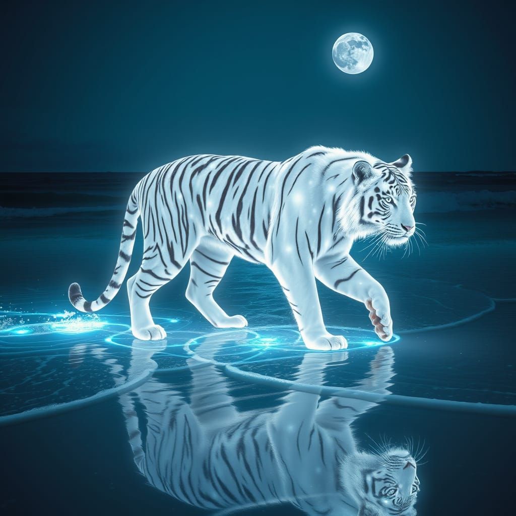 Glowing White Tiger Walks on Moonlit Beach