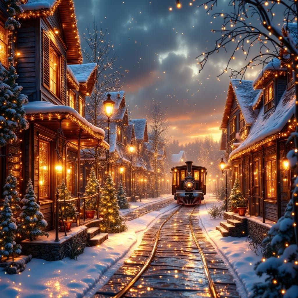 Cozy Christmas Village at Dusk, Animated Film Style