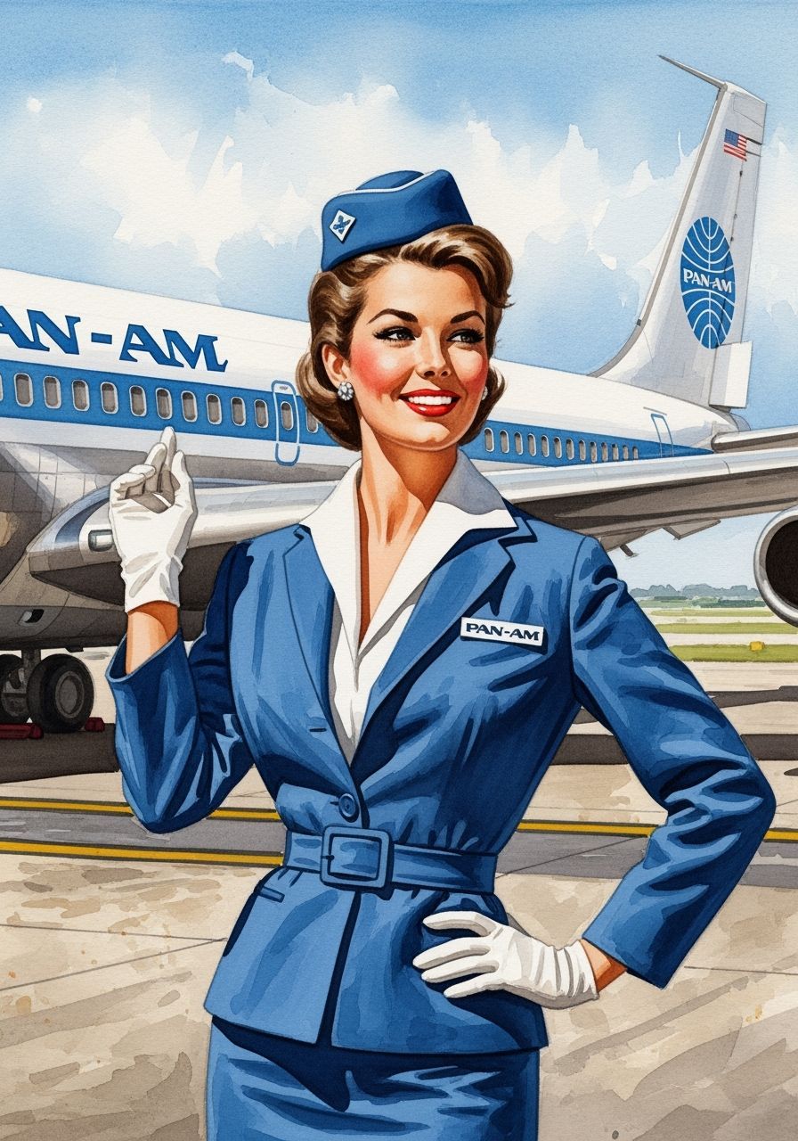 Pan-Am Stewardess Pinup in Watercolor Style