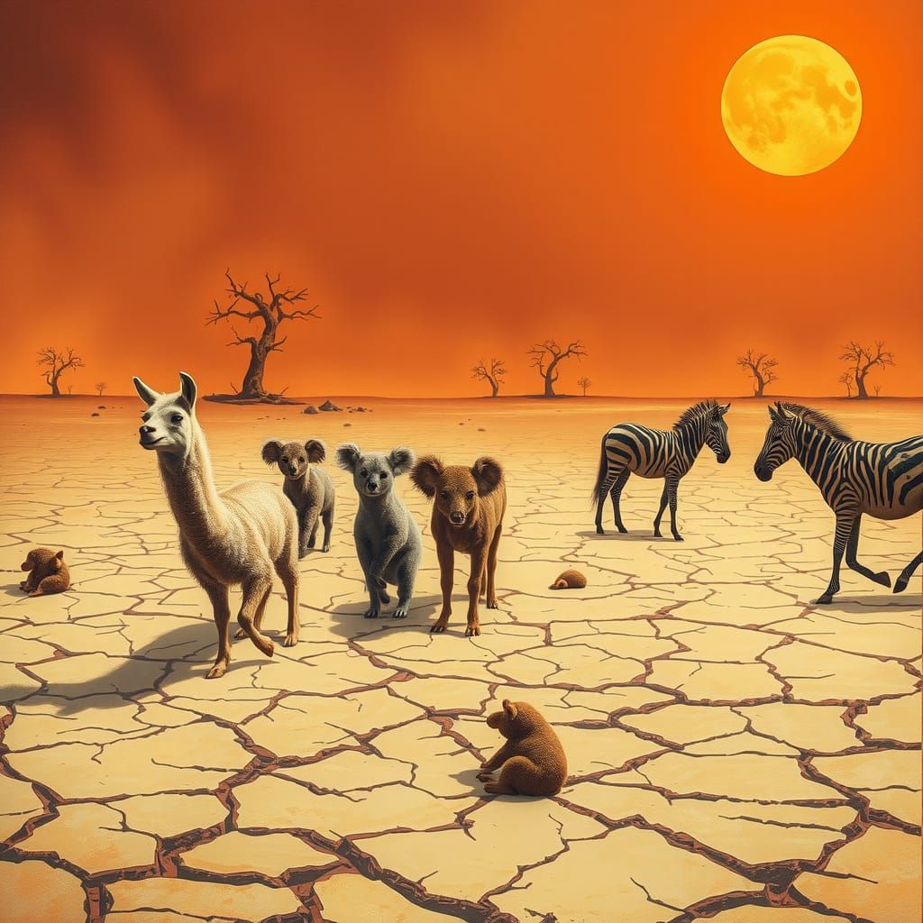 Barren Landscape with Thirsty Animals in Surreal Style