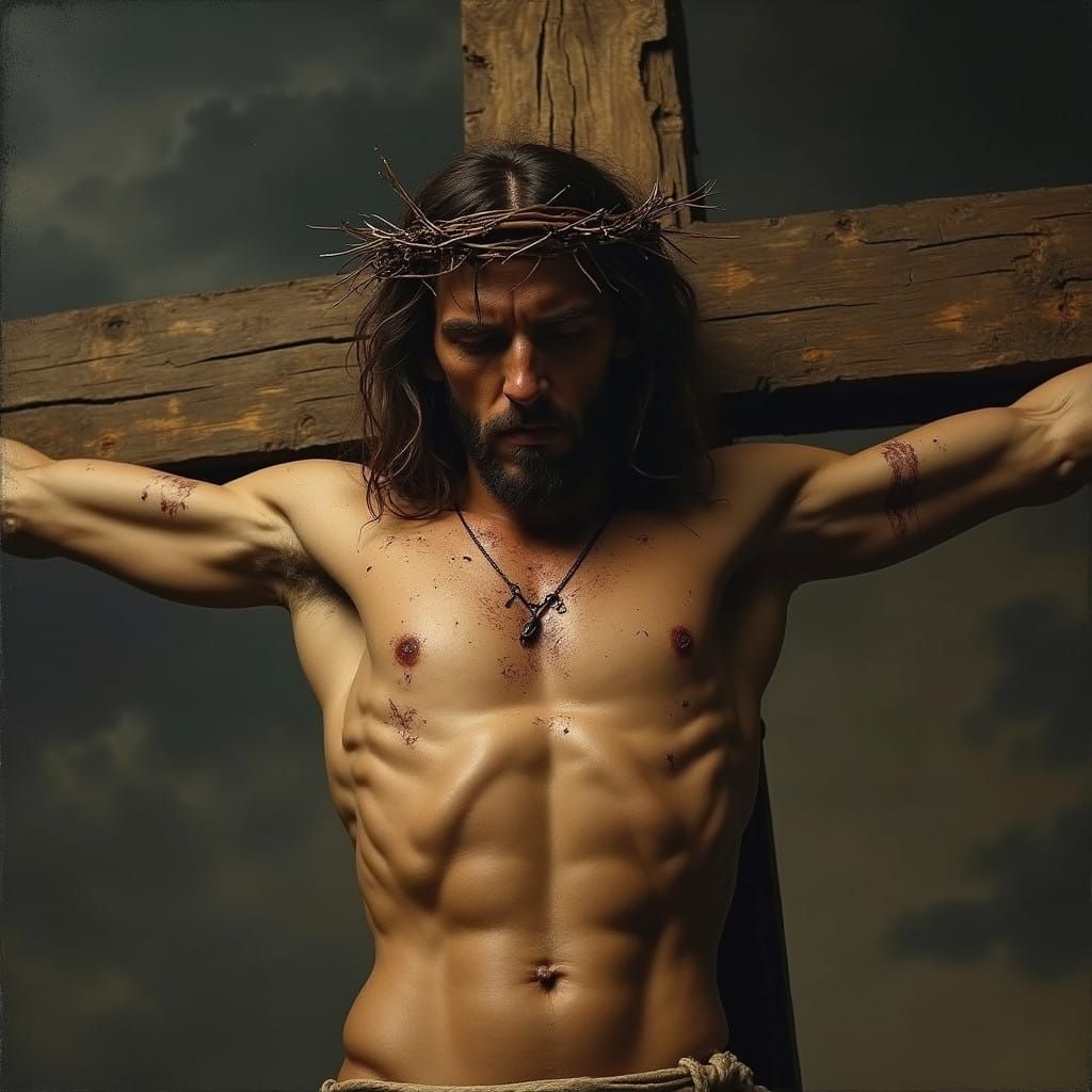 Jesus Christ on the Cross, with Whip Marks and Crown of Thor...