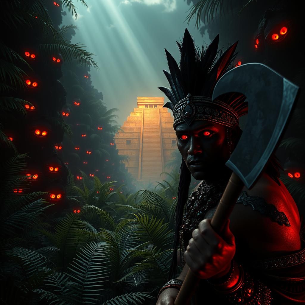 Eerie Jungle Scene with Mayan Warrior, Digital Art
