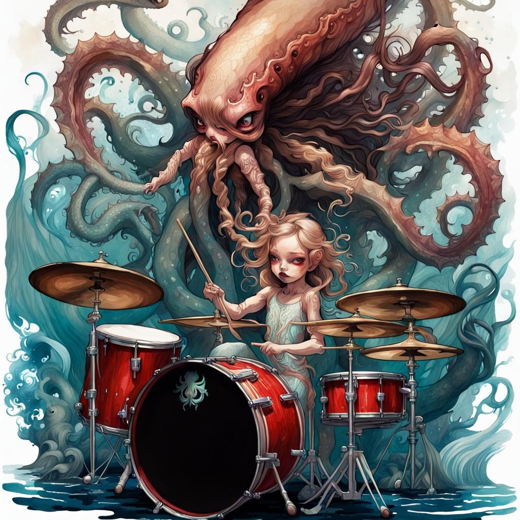 Sinister Kraken's Underwater Drum Solo in Watercolor Style