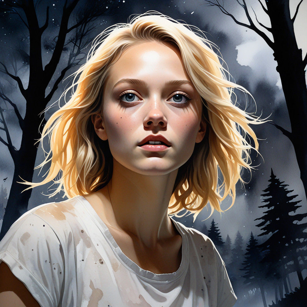 Fearful Youth Rushes Through Foggy Night in Abstract Waterco...