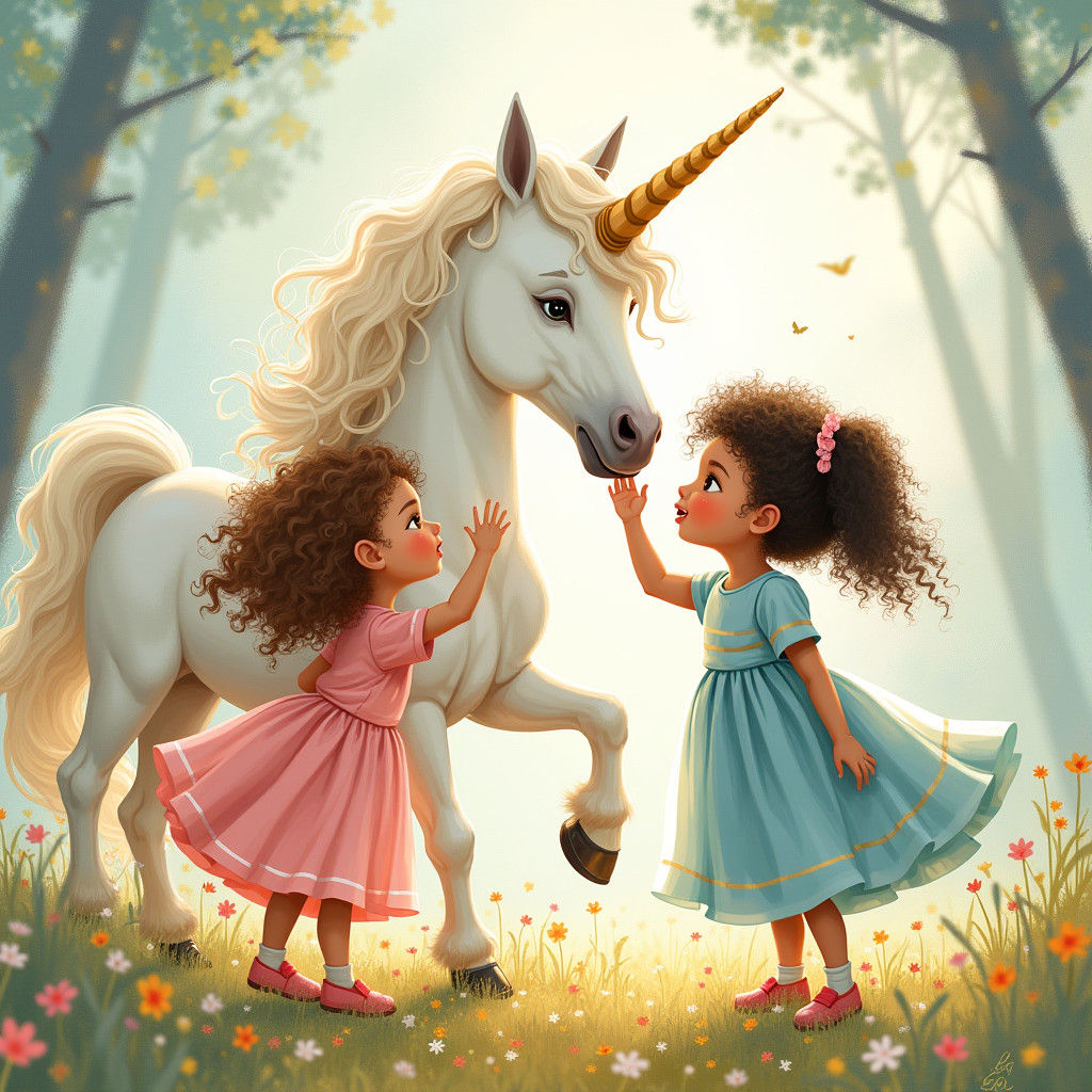 Girls and Unicorn in Dreamlike Illustration