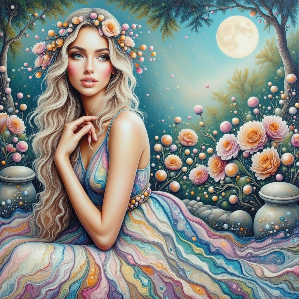 Ethereal Girl in Moonlit English Garden