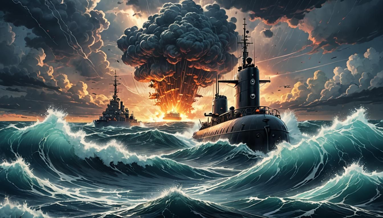 Submarine Sails Raging Ocean in Anime Style