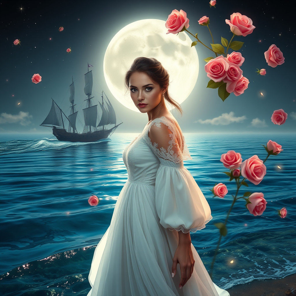 Enchanting Woman with Roses and Ship in Fantasy Art