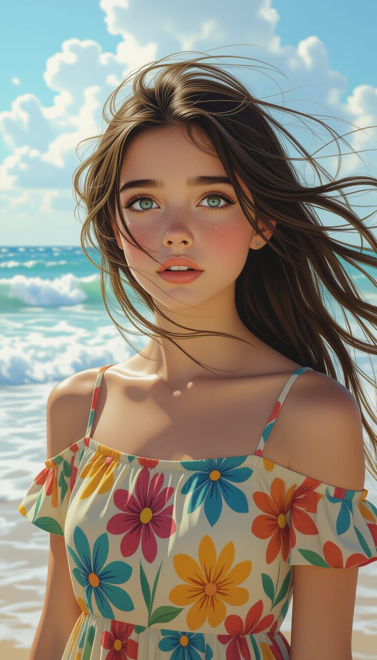 Girl by Ocean in Matte Painting Style