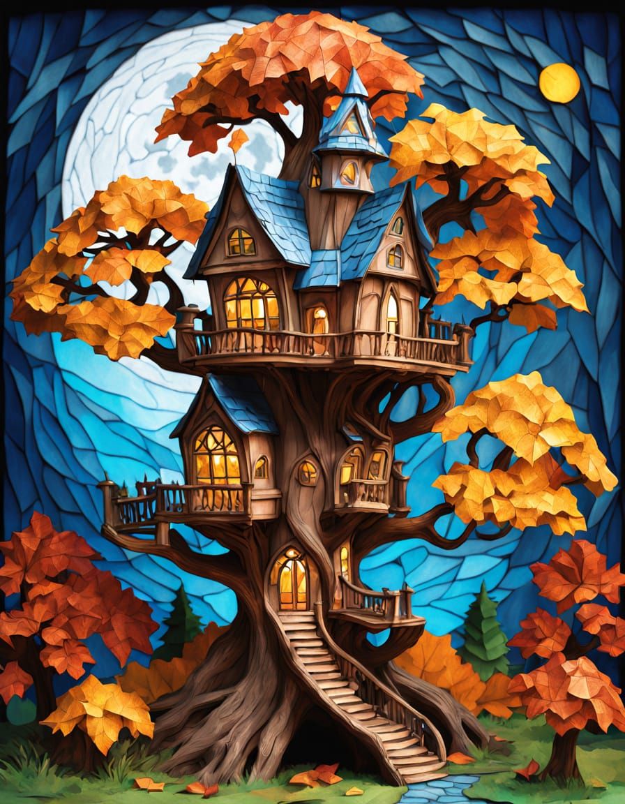 Whimsical Victorian Treehouse Mansion in Autumn