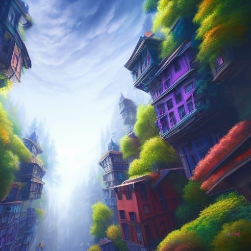 Steep Street with Cube Houses in Detailed Painting