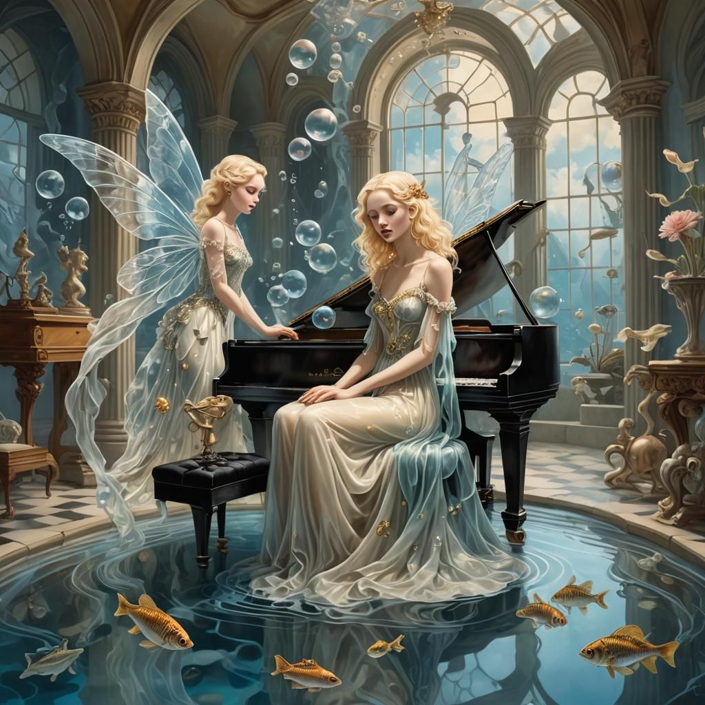 Surreal Fairy Plays Piano in Aquarium