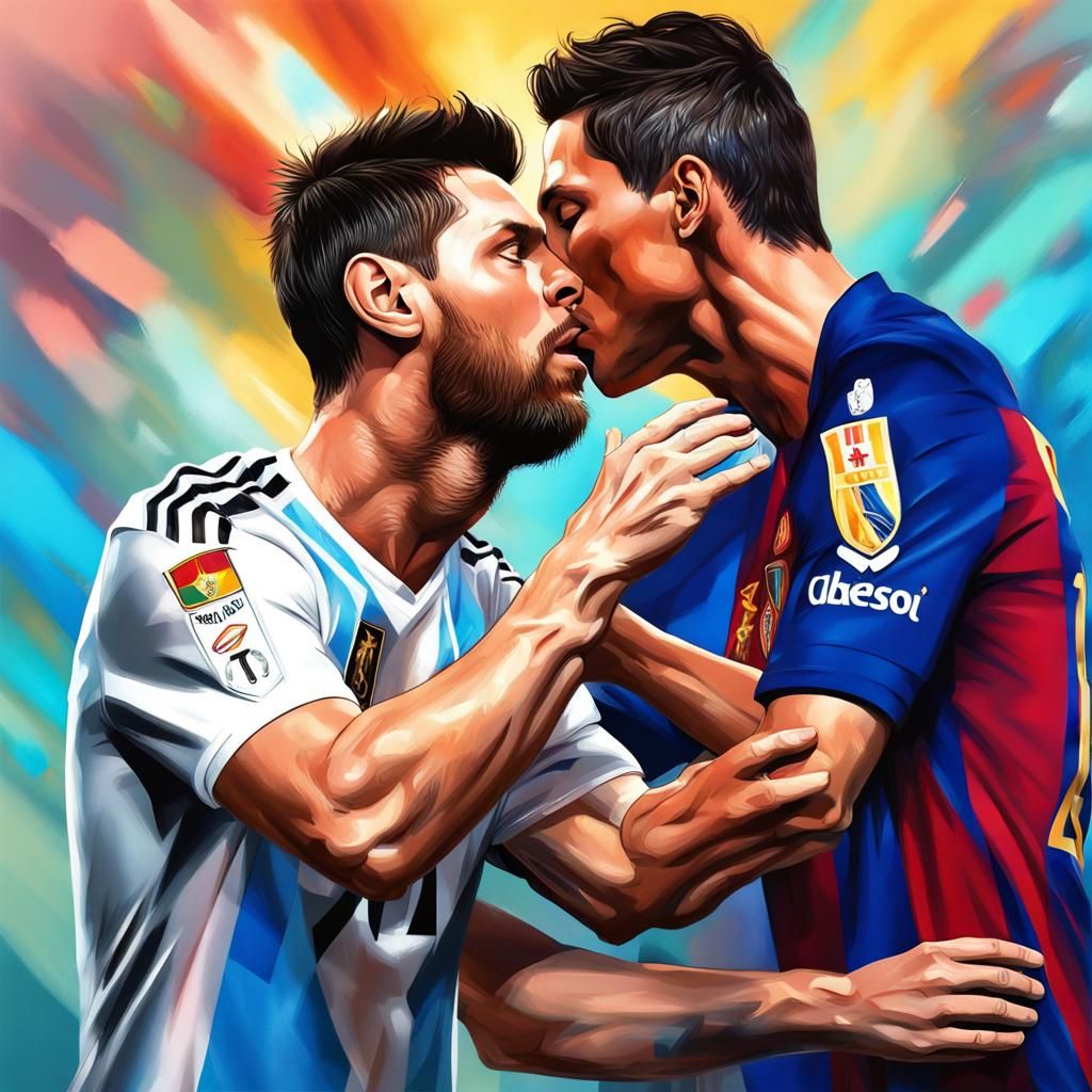 Messi and Ronaldo Kiss: Hyperrealistic Splash Art