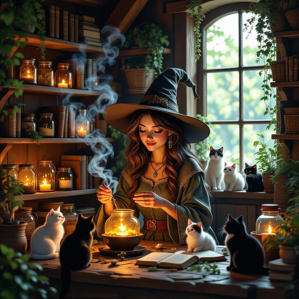 Cozy Cottage Witch Brewing Potions by Candlelight