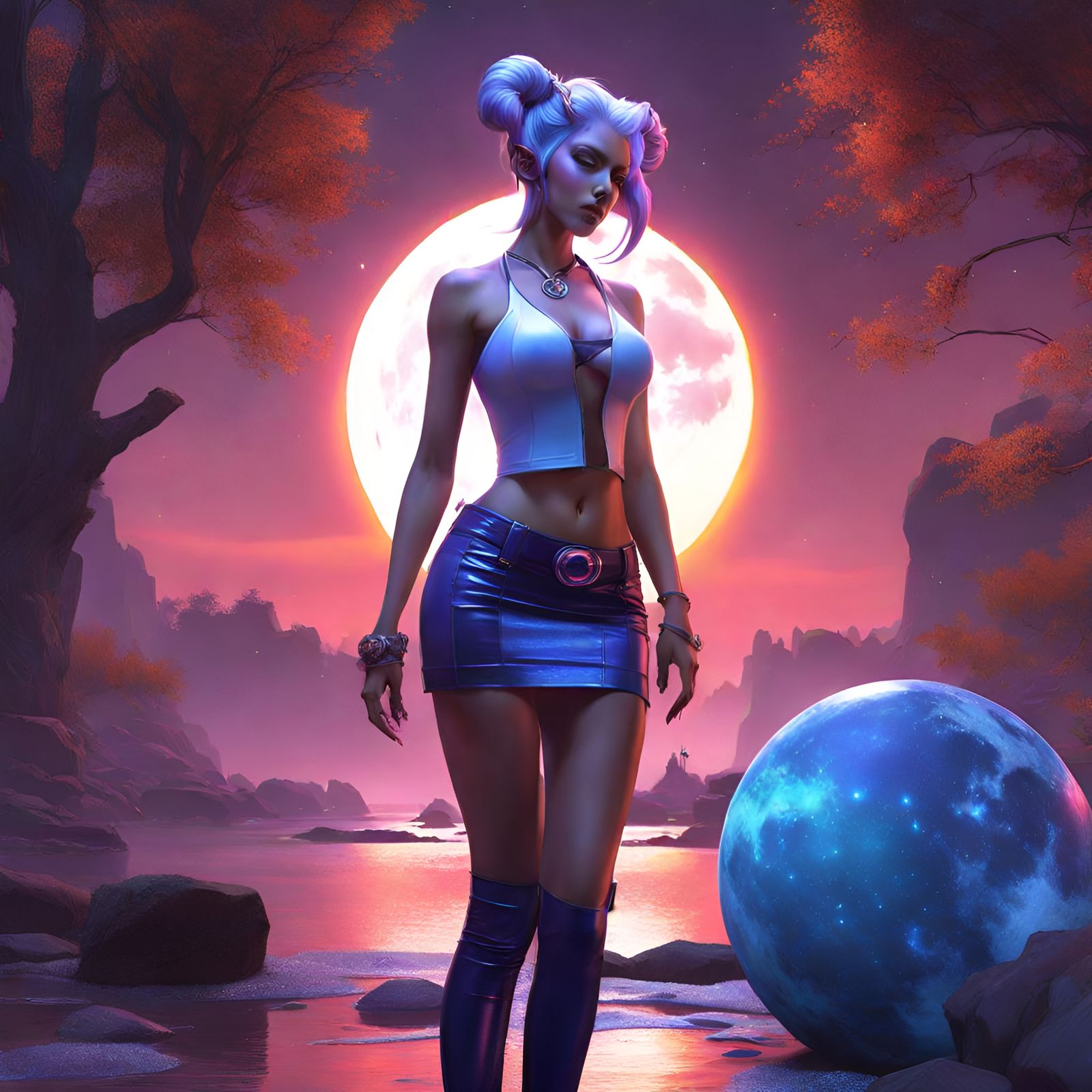 Draenei Under Moon in Hyperdetailed Fantasy Style