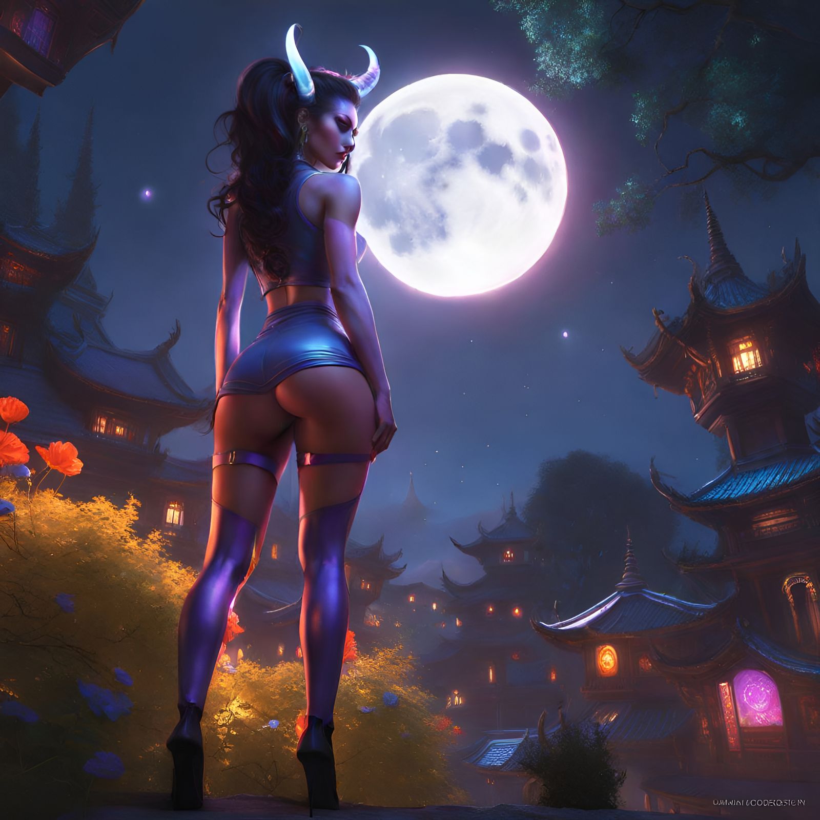 Draenei Under Full Moon in Hyperdetailed Style