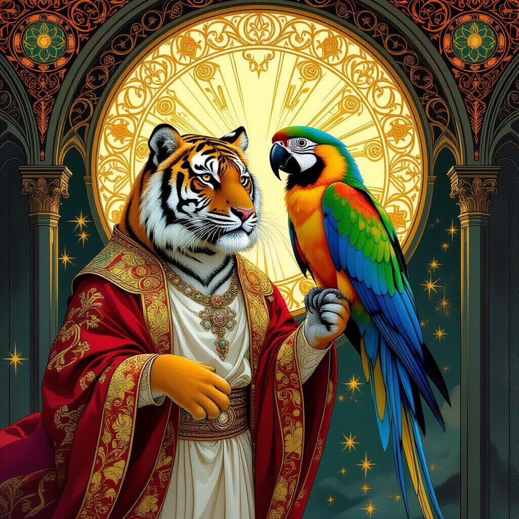 Tiger and Parrot Cathedral Mural with Dramatic Lighting