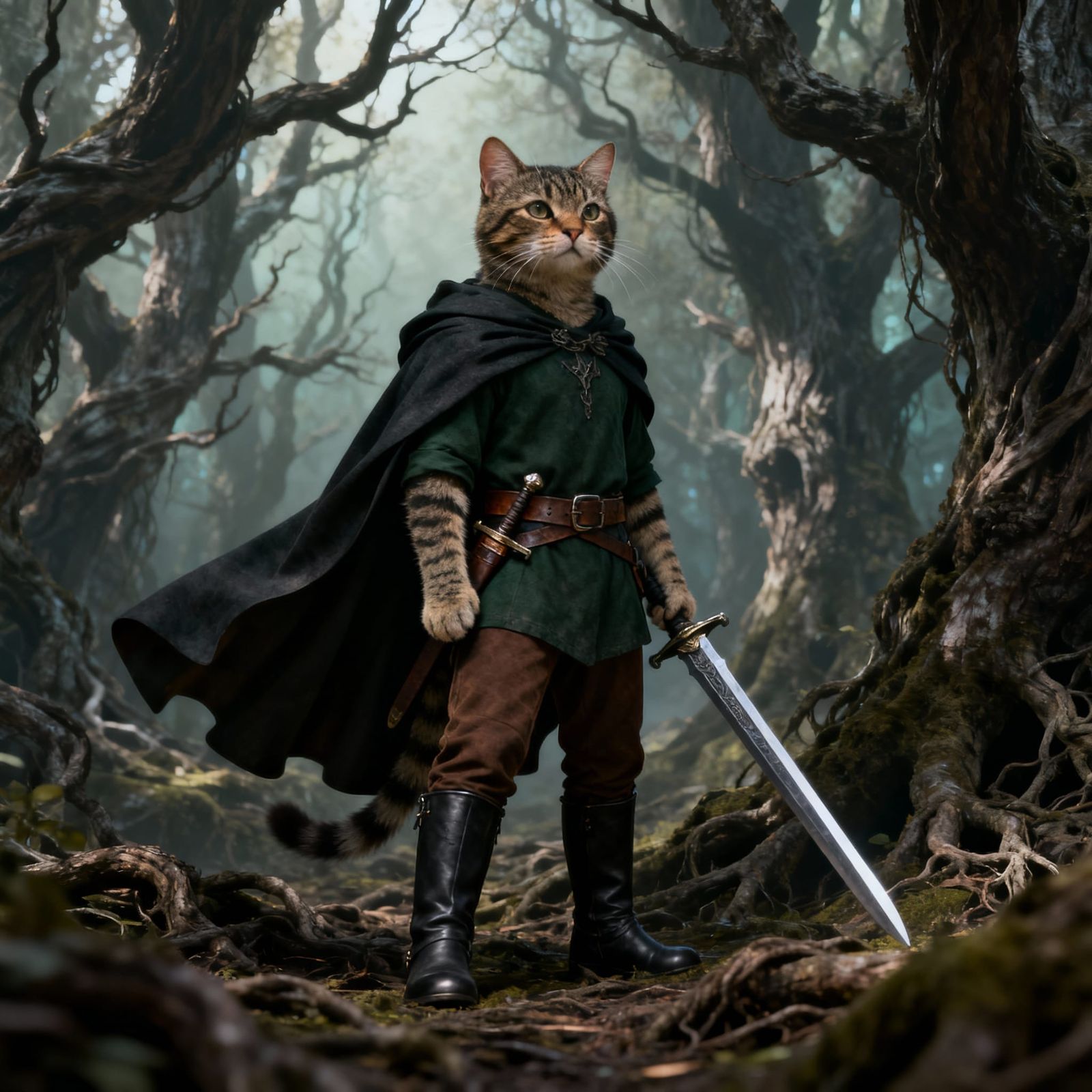 Majestic Tabby Cat Knight in Enchanted Forest