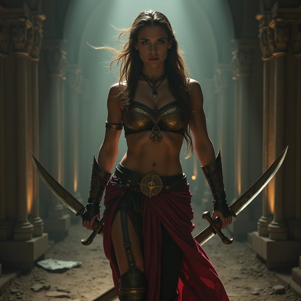 Heroic Warrior Woman with Swords in Cinematic Style