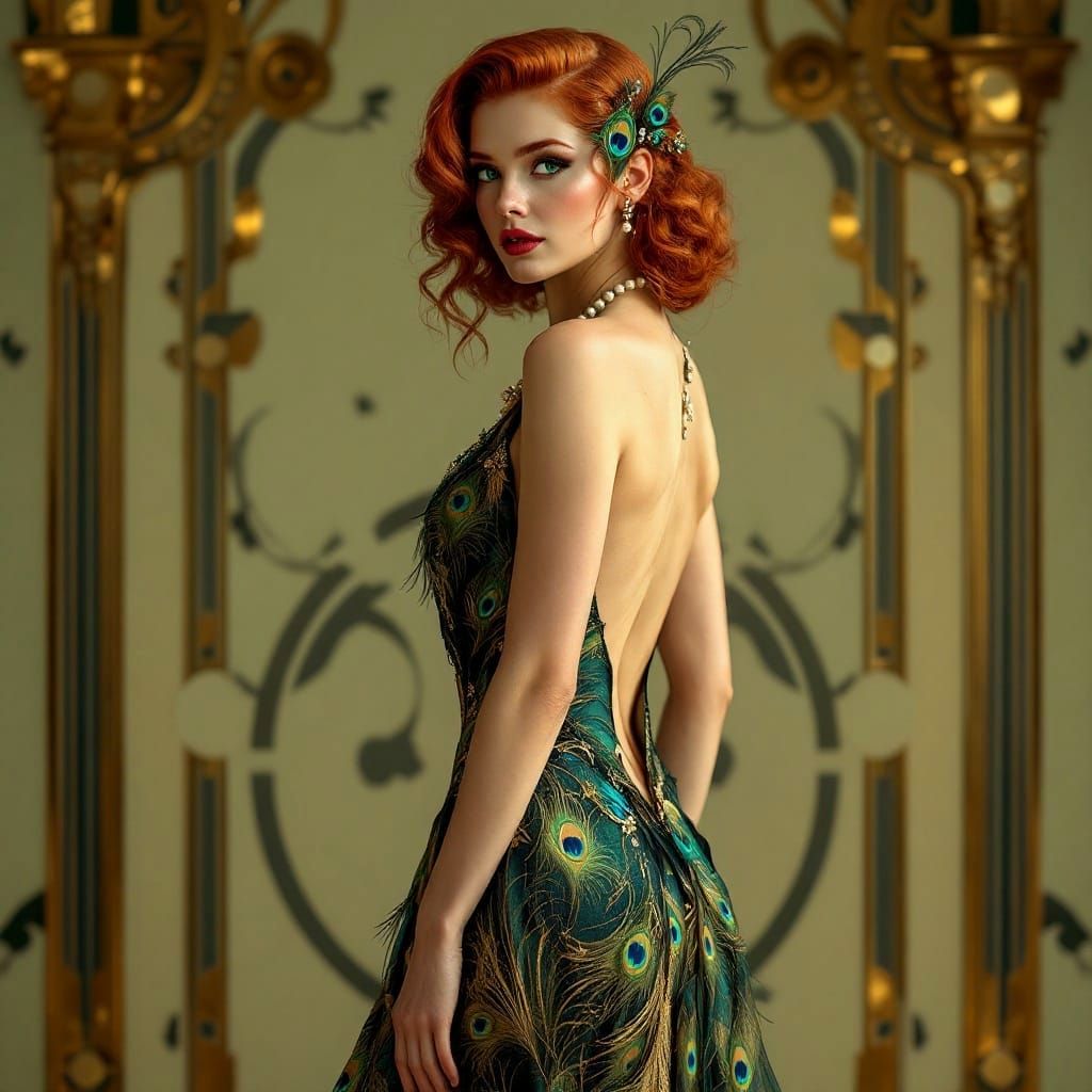 Redhead in Art Deco Peacock Gown of Old Hollywood