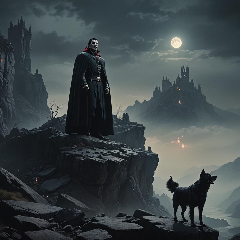 Dracula and Dog on a Cliff in Gothic Style