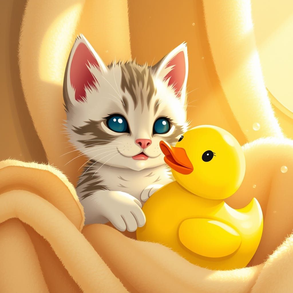 Cuddly Kitten and Yellow Rubber Duck in Heartwarming Scene