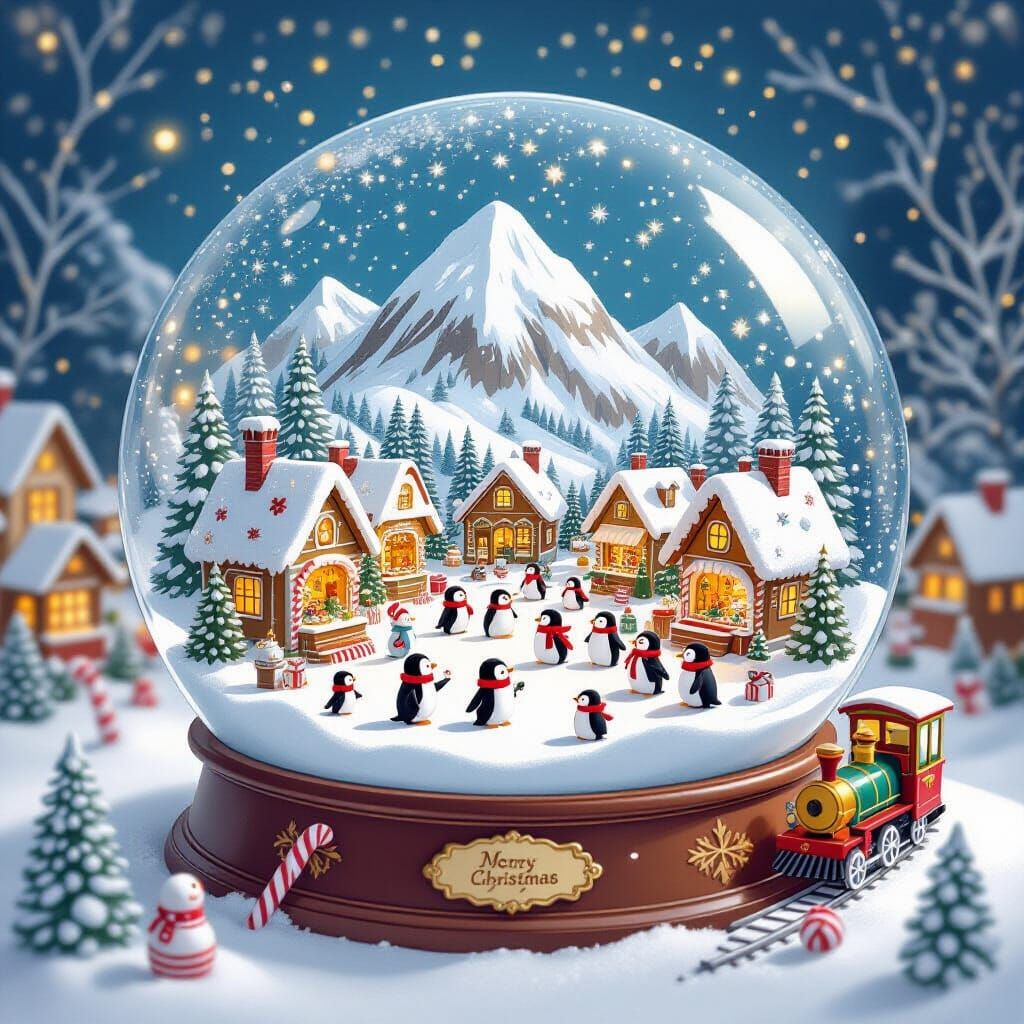 Christmas Market in Snow Globe, Whimsical Illustration