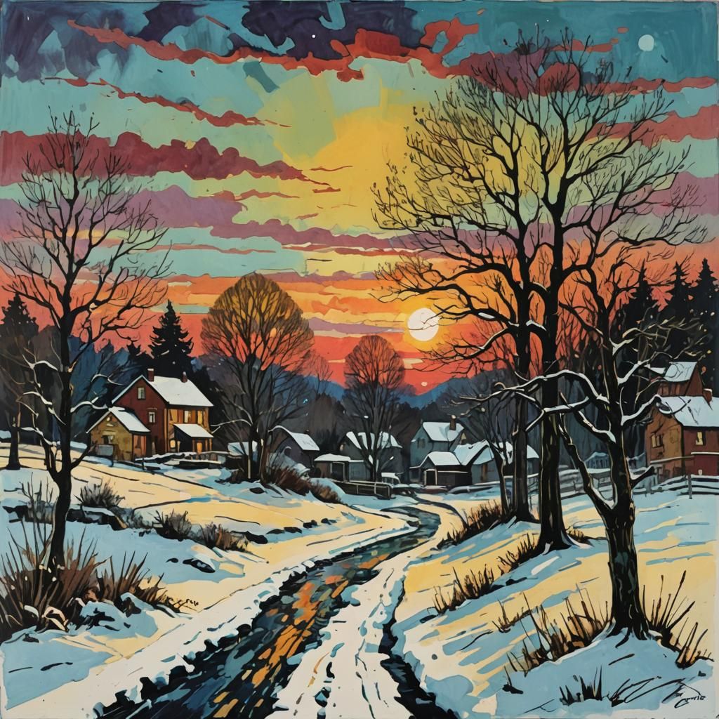 Colorful Winter Sunset: Gouache Impressionist Masterpiece
