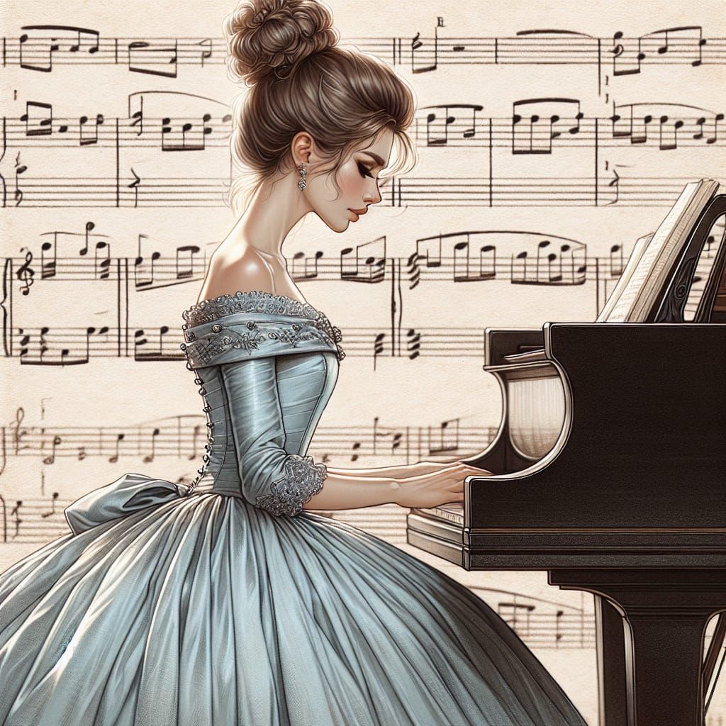 Elegant Woman Playing Piano in Classical Style