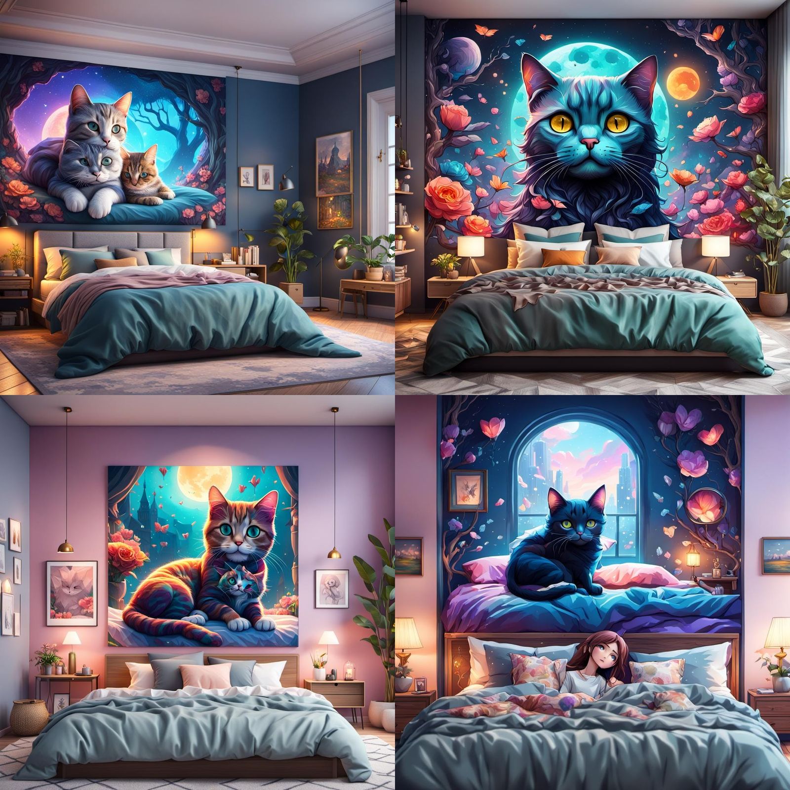 Chibi Cat Cuddles Girl in Colorful Bedroom